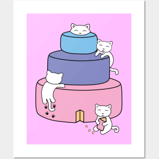 Cats climbing on a colorful happy birthday cake Posters and Art